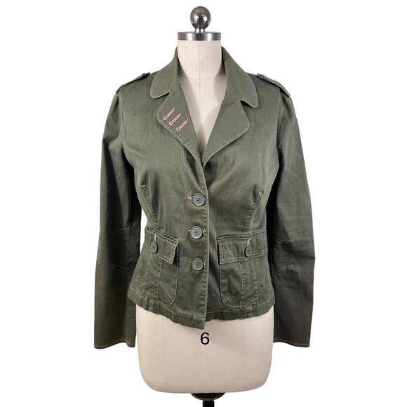Plugg Y2K Blazer Womens Medium Green Military Utility Patch Sleeve 90s Grunge - Picture 1 of 13